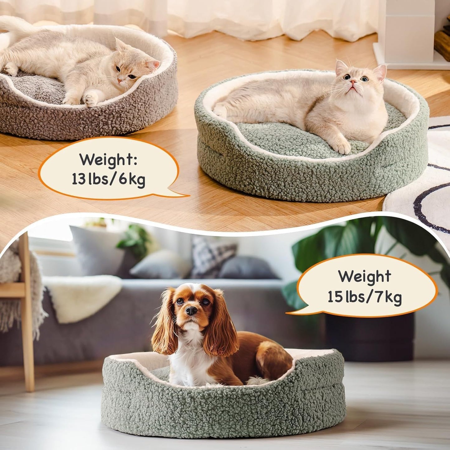 Mewoo Washable Pet Bed For Cats & Small Dogs - 23x23x7 Inch Round Orthopedic Bed With Non-Slip Bottom, Plush Indoor Cat Bed For Kittens & Puppies, Sage Green