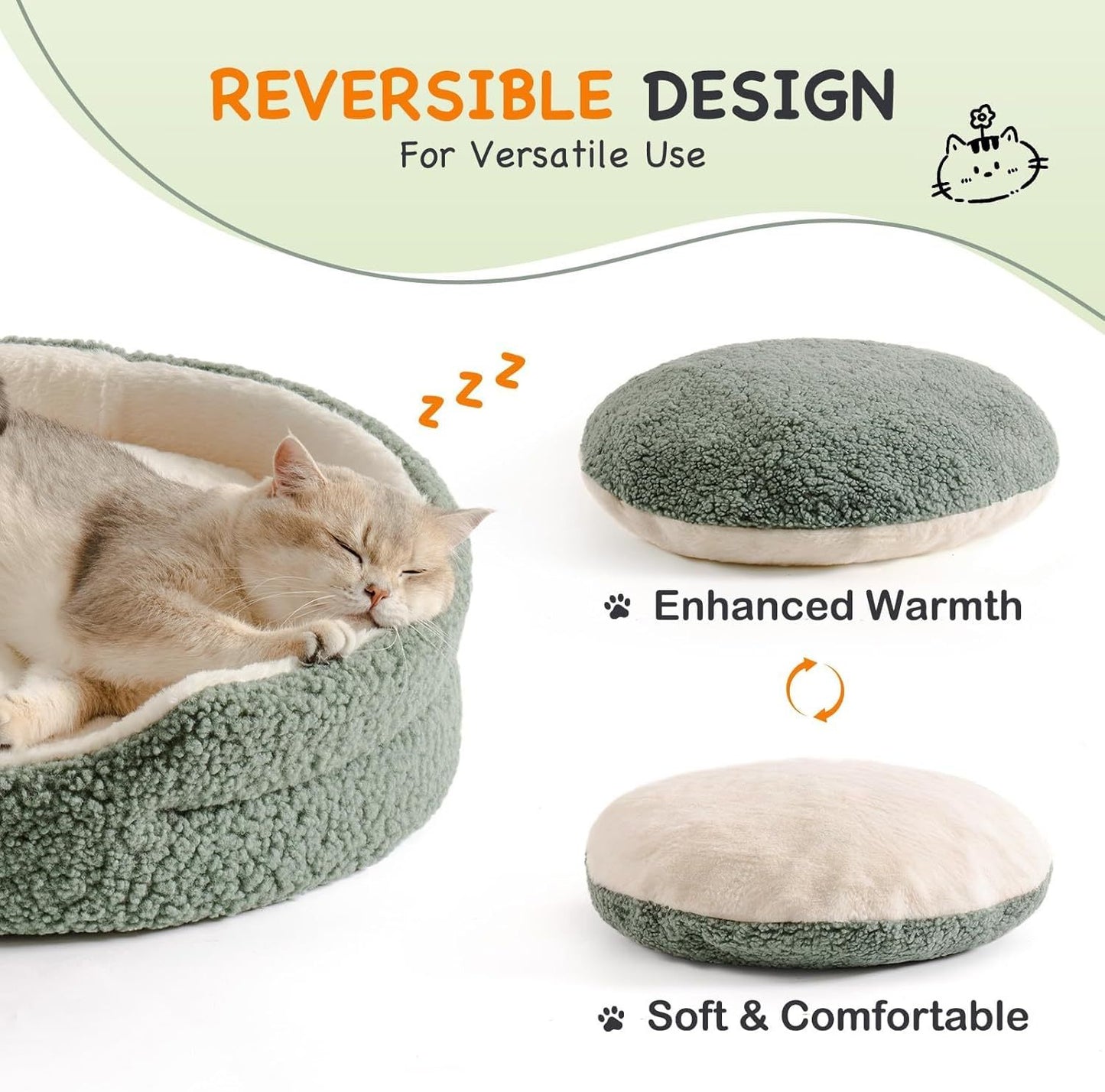 Mewoo Washable Pet Bed For Cats & Small Dogs - 23x23x7 Inch Round Orthopedic Bed With Non-Slip Bottom, Plush Indoor Cat Bed For Kittens & Puppies, Sage Green